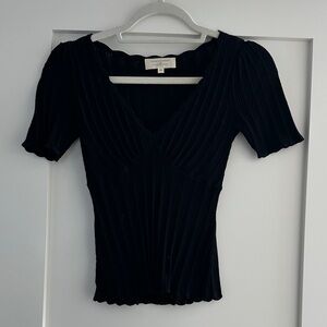 Sezane Black Ribbed V-Neck Blouse